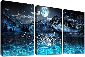 HALFLEMART 3 Pcs Wooden Framed Navy Blue Canvas Wall Art Bright Moon Mountains and Lake At Night Painting on Canvas Print Picture for Living Room Hallway Stairs Bedroom Bathroom Wall Decor 150x70cm(20"x28"x3pcs)