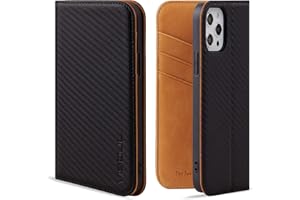VISOUL Funda iPhone 12 y iPhone 12 Pro, Funda de Cuero Genuino con Bloqueo RFID, Cáscara TPU, Ranuras para Tarjetas, Soporte Plegable,Funda Protectora para iPhone 12 y iPhone 12 Pro