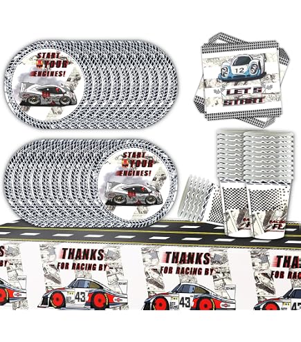 Kit Vaisselle Jetable Thème Voiture De Course - 10 Assiettes, Gobelets, Serviettes + Nappe Pour Anniversaire Enfant
