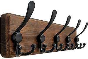 Dseap Garderobe, Garderobenhaken - Robust Vintage Garderobenleiste Holz mit 5 Dreifachhaken, Kleiderhaken Wand, Hakenleiste, für Jacken Mäntel Handtaschen, Natur