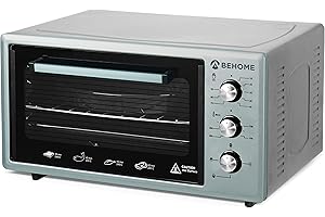 BEHOME Forno Elettrico Ventilato 48 litri con Girarrosto, Autopulente e Smaltato, Temperatura fino a 320° Doppio Vetro con Luce Interna e Timer 2 Teglie e 1 Griglia (Grigio)