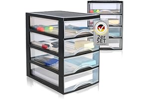 Hausfelder Schubladenbox A4 mit 4 Schubladen, 2er Set Büro Ordnungssystem für Schreibtisch, transparente Ablagesysteme Organizer, Minikommode Sortierkasten für Dokumente und Papierablage