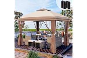 UDPATIO Pop Up Gazebo with sides 3m x 3m and Mosquito Netting, canopy outdoor heavy duty with sand bags, Anti-UV,waterproof for garden, Lawn Beige/Brown