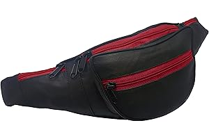 ODS:UK® Real Leather Bum Waist Bag Travel Holiday Money Belt Pouch Black Change BUMBAG (Black with Red Zips)
