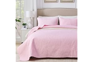 Qucover Light Pink Bedspread King Size, 3-Piece Polyester Breathable Floral Pattern Ultrasonic Quilting Technology Lightweight Summer Bedspreads with Pillow Shams, 240x260cm