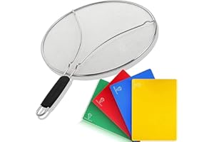 MOVASEE Pfannen Spritzschutz für Küche & Herd - 33cm Edelstahl-Spritzsieb mit 4 Schneidbrettern - Praktischer Küchenhelfer gegen Fett und Ölspritzer (33 cm)