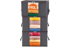 Lifewit 3 Stück 90L Aufbewahrungstasche, Aufbewahrungsbox mit Deckel, Groß Kleideraufbewahrung Umzugskartons, Faltbare Aufbewahrung Boxen für Bettdecken Decken Kleidung Unterbett Kleiderschrank, Grau