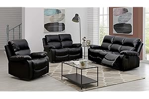 Bravich LUXURY Black Bonded Leather Recliner 1+2+3 Sofa Set Seater Reclining Sofa Suite Settee Couch Lounge Home Lounge Armrest Footrest