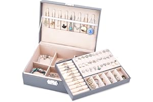 IONCAT Jewellery Box Organiser Storage: Jewelry Boxes for Women Girls as Gift - Earring Necklace Ring Bracelet Girl Case with Leather Lockable Double-Layer Design - Grey