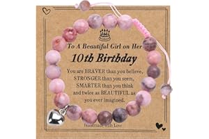 Emereau 10th Birthday Gifts for Girls Strength Natural Stone Anxiety Bracelet, Pink Zebra Crystals Bracelet for Daughter Granddaughter Niece Little Sister Friendship 10 Year Old Presents with Card