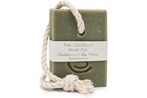 THE CLOVELLY SOAP CO. Clovelly Soap Co Natural Handmade Soap on a rope bar (Sandalwood & May Chang with Green Clay 100g) For all skin types.