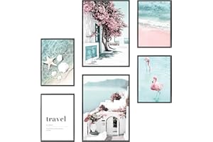 Heimlich Cuadros Decorativos - SIN Marcos -Decoración Colgante para Paredes de Sala, Dormitorios y Cocina - Arte Mural | 2 x A3 & 4 x A4-30x42 & 21x30 | » Playa rosa flamenco «