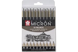 SAKURA Pigma Micron Pointes Callibrées Set de 10 | Encre noire permanente et résistante à l'eau, variées | Stylos pour l'écriture, le dessin et le journaling