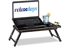 Relaxdays Table d’Ordinateur Portable, HxLxP : 24 x 60 x 35cm, Bambou, Pliante, Bureau, Tablette Genoux, tiroir, Brun, Marron, 1 élément