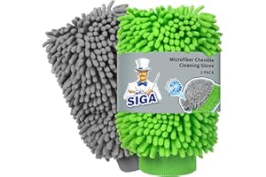 MR.SIGA Microfibre Car Wash Mitt, Super Absorbent & Scratch-Free Wash Mitt for Car Washing, Streak-Free Noodle Glove for Lifting Dirt, Pack of 2, Green & Grey
