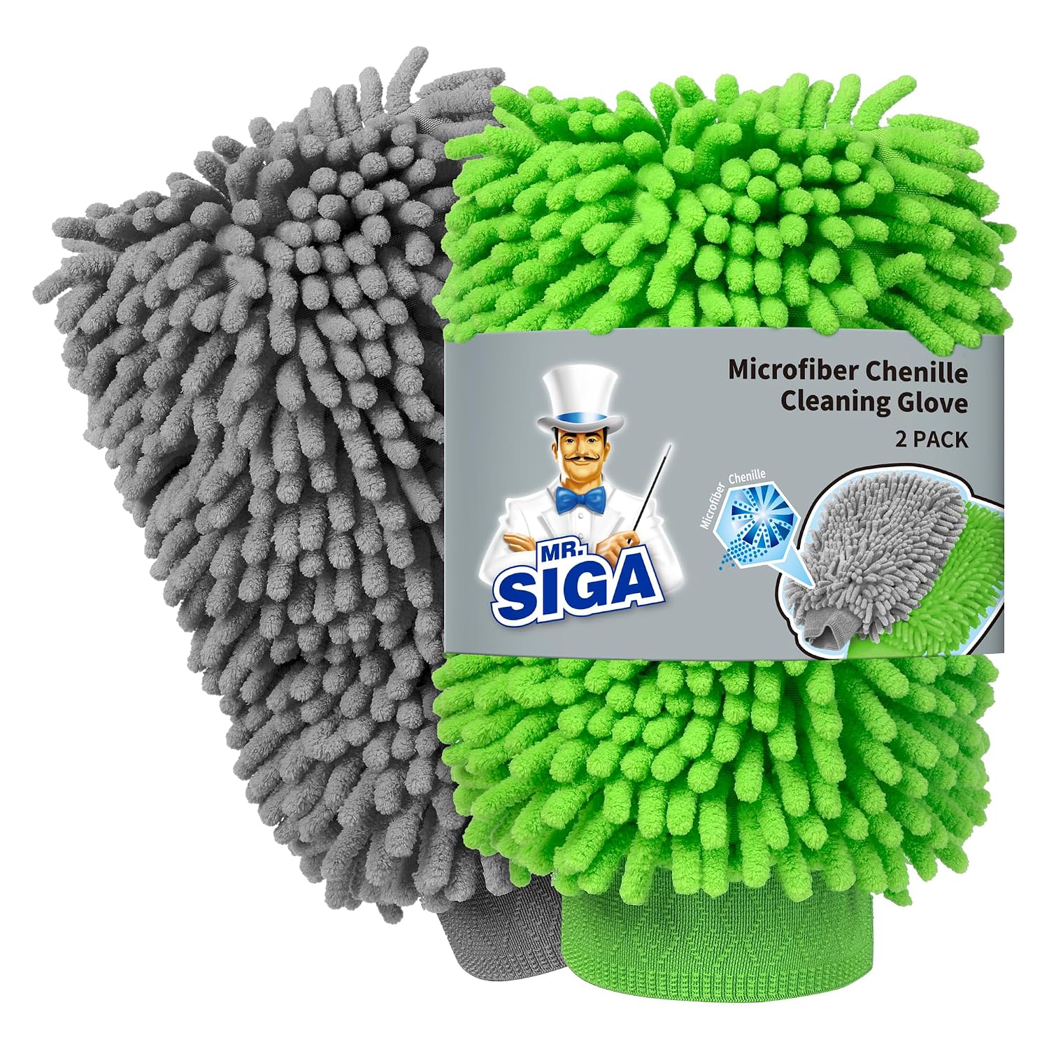 MR.SIGA Hoogwaardige microvezel washandschoen, 2 stuks, Groen & Grijs | Zachte chenille autowashandschoen