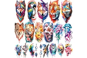 BASIFA 77 Sheets Temporary Tattoo, 17 Sheets Half Arm Flower Lion Tiger Cat Owl Parrot Fake Tattoos for Adults Shoulder Neck, 60 Sheets Tiny Waterproof Temporary Tattoos Realistic for Women Girls and Kids