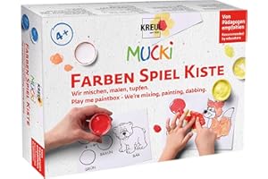 ‎KREUL KREUL 29100 - Mucki Fingermalfarbe, Farben Spiel Kiste, Wir mischen, malen, tupfen, Lern- und Spielset, 5 x 50 ml Fingerfarbe, 2 kleine Dosen zum Farbe mischen sowie 10 Malvorlagen