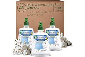Air Wick Désodorisant Maison Spray Automatique Sans Gaz Active Fresh - 3 Recharges Parfum Fleur de Coton & Orchidée