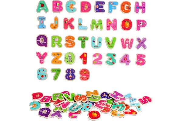 Lot de 2 ensembles de 72 lettres et chiffres magnétiques en bois - Aimants de réfrigérateur pour enfants - Aimants de lettres et de chiffres de l'alphabet pour enfants - ABC et ressources pédagogiques