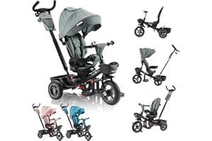 FableKids 5in1 Dreirad ab 9 Monate bis 25kg | Kinderdreirad mit Schubstange, 360° drehbarem Sitz, Verdeck mit Sonnenschutz, 3-Punkt-Gurt, PU-Reifen, Korb & Zubehör für Babys & Kleinkinder | Grau