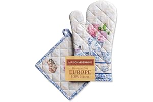 Maison d' Hermine Canton Ensemble de Gants de Four de (19cm x 33cm) et maniques de (20cm x 20cm), 100% Coton, pour Barbecue, Cuisson, Four, Micro-Ondes, grillades, Printemps/été, Pâques