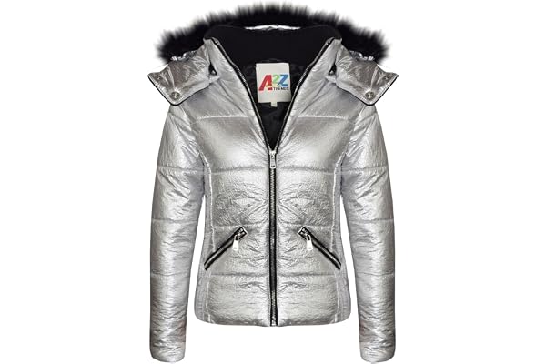 A2Z 4 Kids Barn Flickor Jackor Mode Med Huva Metallisk Silver Vadderad Puffer Bubble Faux Täcka Krage Luvtröja Quiltad Värma Tjock Rockar Ny Ålder 3-13 År