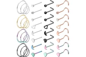 LOLIAS 36PCS 20G Anillos de Nariz Anillos de Tabique de Aro Espárragos de Nariz de Acero Inoxidable Tornillo Anillo de Nariz en Forma de L Labret Piercing de nariz Set Plata Oro Rosa Negro Arco iris