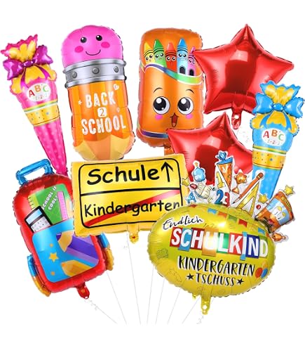 Einschulung Deko-Set – 6 Folienballons & „Alles Gute Zum Schulanfang“ Banner, Für Schulanfangsparty