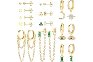 JeweBella 12 Paires Petite Boucles d'oreilles Femme Acier Inoxydable Étoile Lune Mini Boucles d'oreilles Creoles Pendantes avec Chaîne Hypoallergénique Zirconium Vertes Creoles Or/Argent