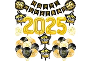 DPKOW 2025 réveillon du Nouvel Fête Décorations,16 Pièces en or Noir Bonne Année Bannière Latex Ballons Imprimés du Nouvel An et 2025 Aluminium Ballon pour du Nouvel An Fête Décorations Fournitures