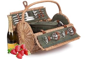 Luxury Barrel 2 Person Picnic Basket Set with Blanket and Chiller Compartment - Green Tweed - Includes Wine Glasses Cutlery and Corkscrew - Wicker Picnic Basket with Lid from Wrenbury