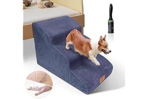 Myiosus Tragbar Hundetreppe 3 Stufen, Haustiertreppe aus 30D Hochdichtem Schwamm, Katzentreppe mit Abnehmbare Waschbarem Stoffbezug, Hunderampe für Sofa Bett, Senden 60 Rollen Fusselrolle