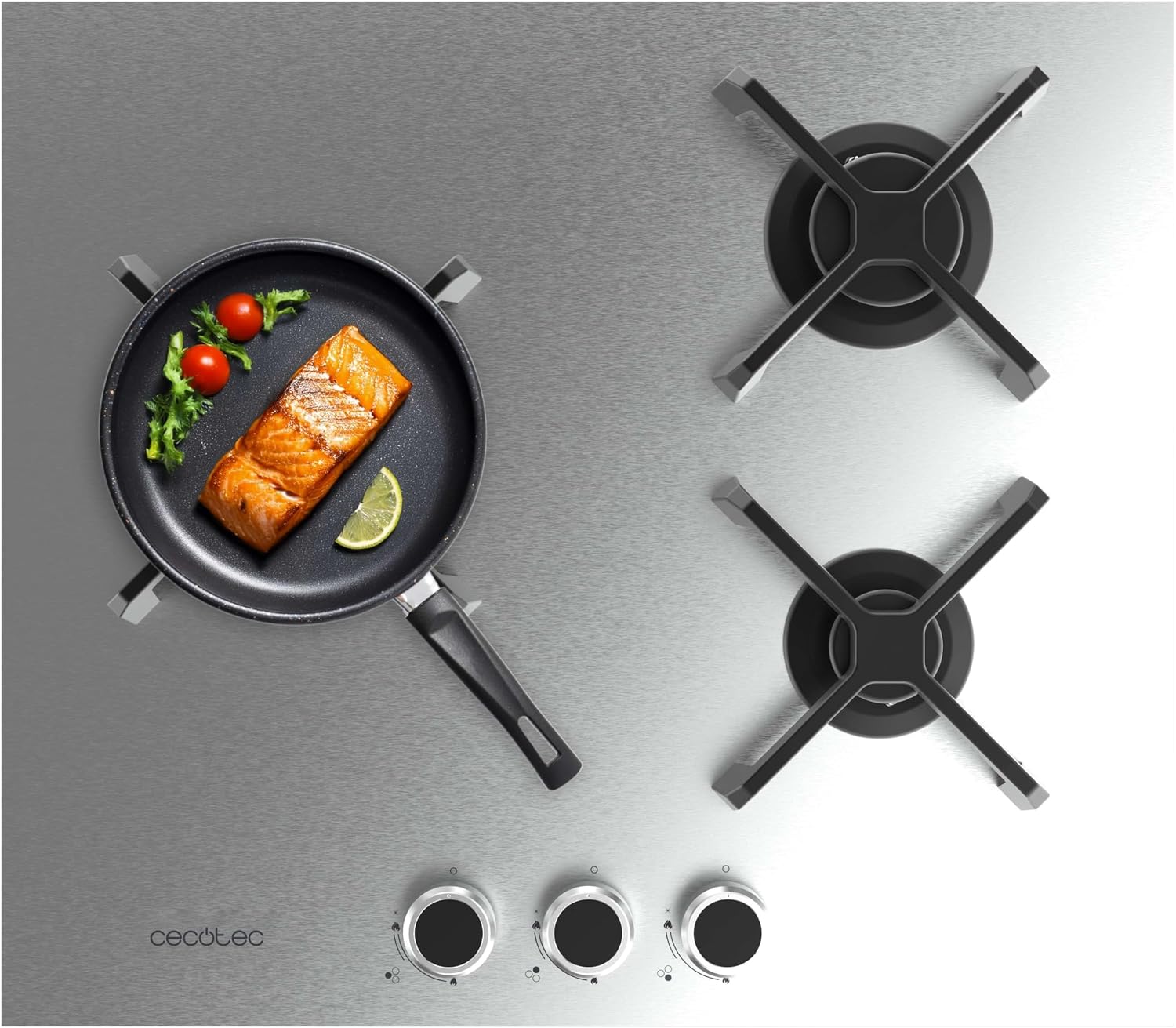 Cecotec Bolero Squad G 3400S Stainless Steel 3 Burner Gas Hob 6.2kW, Cast Iron Grills, WOK Triple Crown Burner, Electronic Ignition, Valve Safety, Gas Accessory