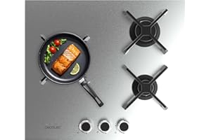 Cecotec Placa de Gas 3 Fuegos Bolero Squad G 3400S Inox. 6.2kW, Acero Inoxidable, Parrillas Hierro Fundido, Quemador WOK Triple Corona, Encendido Electrónico, Seguridad en Válvulas, Accesorio de Gas