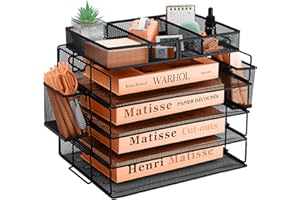 PLSOPPKG Organizador de Archivos de Escritorio A4 de 4 Niveles, Soporte de Archivos de Malla, Soporte de Metal para revistas con Soporte, Organizador de Escritorio para Oficina, Escuela y hogar