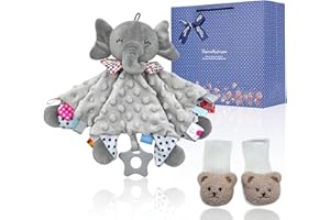 UNMOT Baby Gifts Set, Keepsake Set,Baby Shower Gifts Includes Baby Lovey Blanket and Funny Baby Sock,New Born Baby Gift,Unique Present for Baby Shower & Newborn Lovey（Elephant Baby Comforter & Bear Socks）