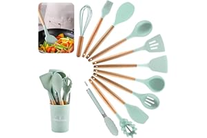 DOGMOON Kitchen Utensil Set, 12 PCS Silicone Cooking Utensils Set with Wooden Handle, Heat Resistant, Nonstick Cookware Tongs Spatula Spoon Set, Silicone Kitchen Utensils Set Suitable for Kitchen(Light Green)
