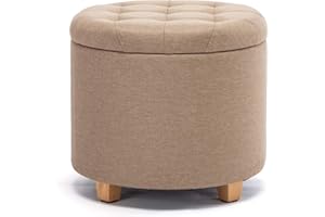 HNNHOME Okrągły lniany wyściełany podnóżek, pufy, krzesło z pokrywkami, 45 cm, beżowe