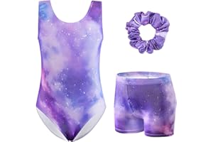 XiaoMoSha Girls Three-Piece Gymnastics Leotards Set Sleeveless Leotards with Shorts and Hairband Sparkly Gradient Color Ballet Dance Unitards Gymnastics Outfits for Kids 3-12 Years