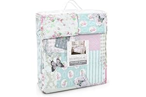 Ashley Mills Quilted Patchwork Vintage Country Shabby Chic Comforter Bedspread Set/Bed Throw includes pillow sham Vintage Florals (Boutique Pink, Double Bed with pillowshams)