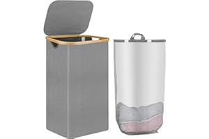 Lycasia Laundry Basket With Lid 110L, Bamboo Handle Laundry Basket And Removable Washable Inner Bag, Collapsible Large Storage Basket Laundry Hamper For Dirty Cloth Toy Towel Storage (Grey)