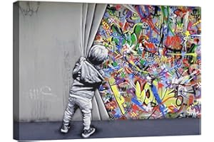 canvashop Quadri Moderni Soggiorno Banksy Bambino Apre il Sipario 120X70 cm Stampe da Parete su Tela Canvas Pronti da appendere Street Art Graffiti