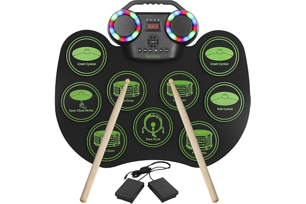 Batterie Électronique Drum Set, Bonvvie Roll Up Tambour Techargeable avec 9 Pads, MIDI, DTC, Haut-parleurs Intégrés, Idéal pour les Étudiants Débutants Amateurs Adulte Noël Anniversaire