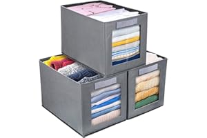 DIMJ Foldable Storage Boxes with Transparent Window Fabric Collapsible Storage Bin Basket with Handle for Wardrobe, Closet, Shelves Organiser (3 Pieces)