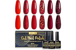 INPING Smalto Semipermante Per Unghie Rosso, 6 Colori Rosso Scuro San Valentino Serie Set Di Smalti 8ml DIY Rosso Scuro Glitter ie Gel per Halloween/Natale Nail Art