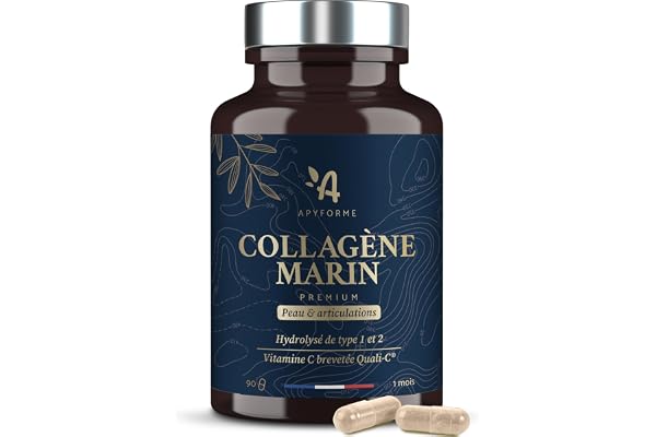 Apyforme - Collagene Marin + Acide Hyaluronique - Peau et Articulations - Enrichi en Vitamine C - Collagène Premium Hydrolisé Type 1 et 2-90 Gélules - Fabriqué en France