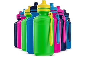 Bedwina Bottiglie d'acqua sfuse per bambini - (confezione da 12) 18 oz - 7,5 pollici Bottiglie sportive da spremere in plastica senza BPA con tappi e manici pop-up per l'estate, la scuola