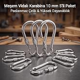Metal Vidalı Karabina 10 mm 5'li Paket - Kalın &Ccedil;elik Y&uuml;k Taşıma Kancası, Dağcılık ve Taktik Askı Aparatı