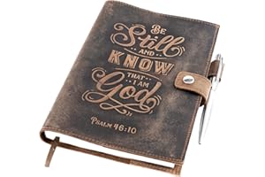 Moonster® Quaderno Appunti a Righe in Pelle Ricaricabile – Block Notes con Salmo 46:10 in Rilievo - Taccuino A5 Vintage Fatto a Mano – Diario di Viaggio con 320 Pagine Fresate ed Elegante Penna